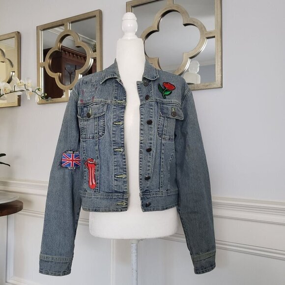 Vintage MED Denim Jean Biker Jacket UK Flag Rock & Roll Boho Retro Indie Grunge - Picture 9 of 16
